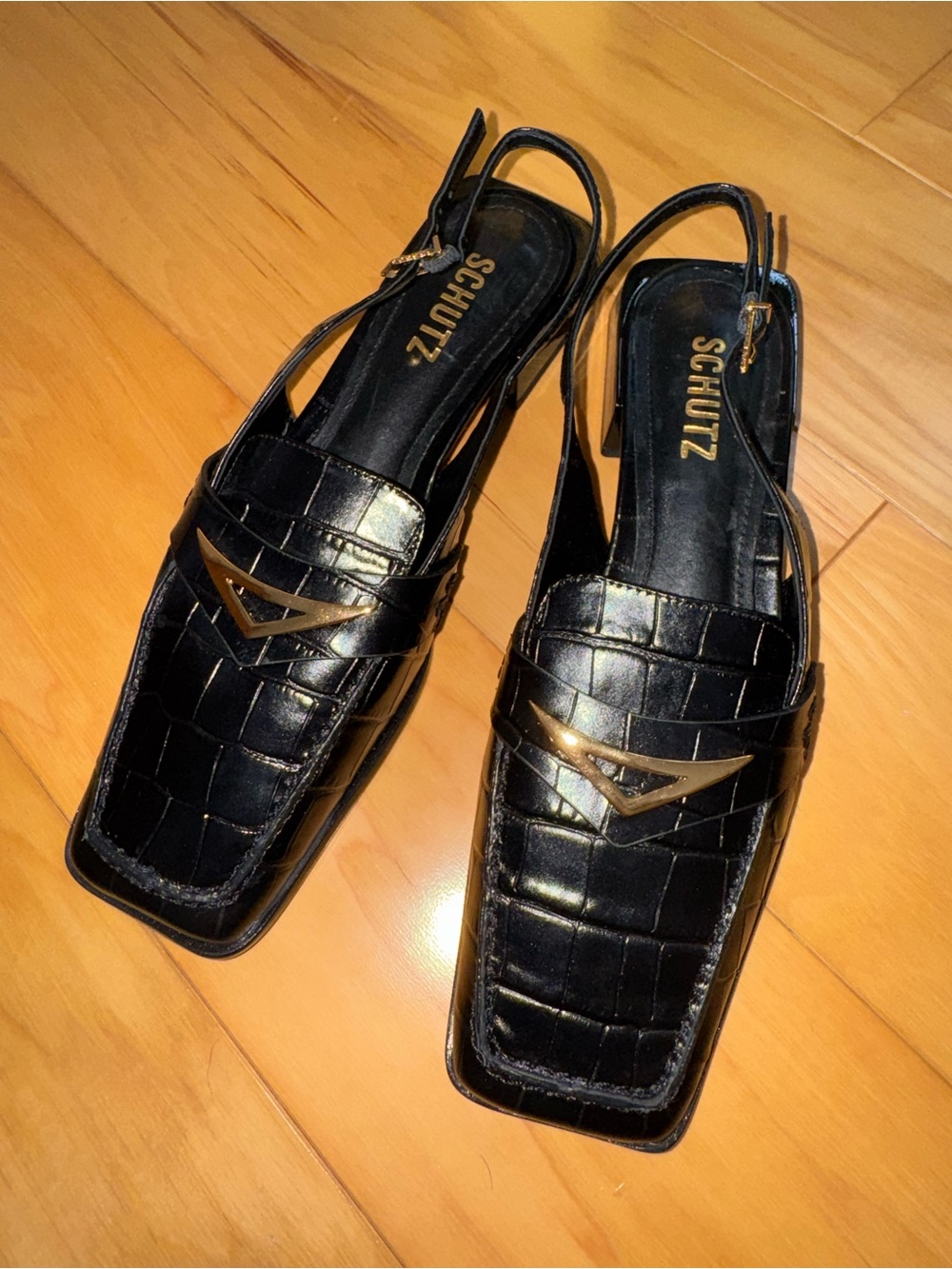 Schutz Black Croc-Embossed Slingback Loafers with Gold Accent